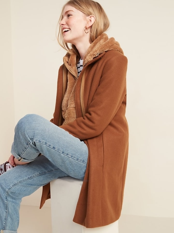 Relaxed Soft-Brushed Funnel-Neck Coat for Women