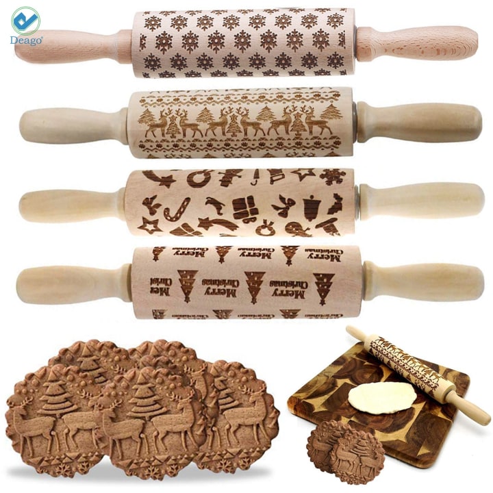 Deago 17&quot; 3D Christmas Wooden Rolling Pin Embossing Roller Pins with Christmas Pattern for Cookies Cake Baking Kitchen Tool