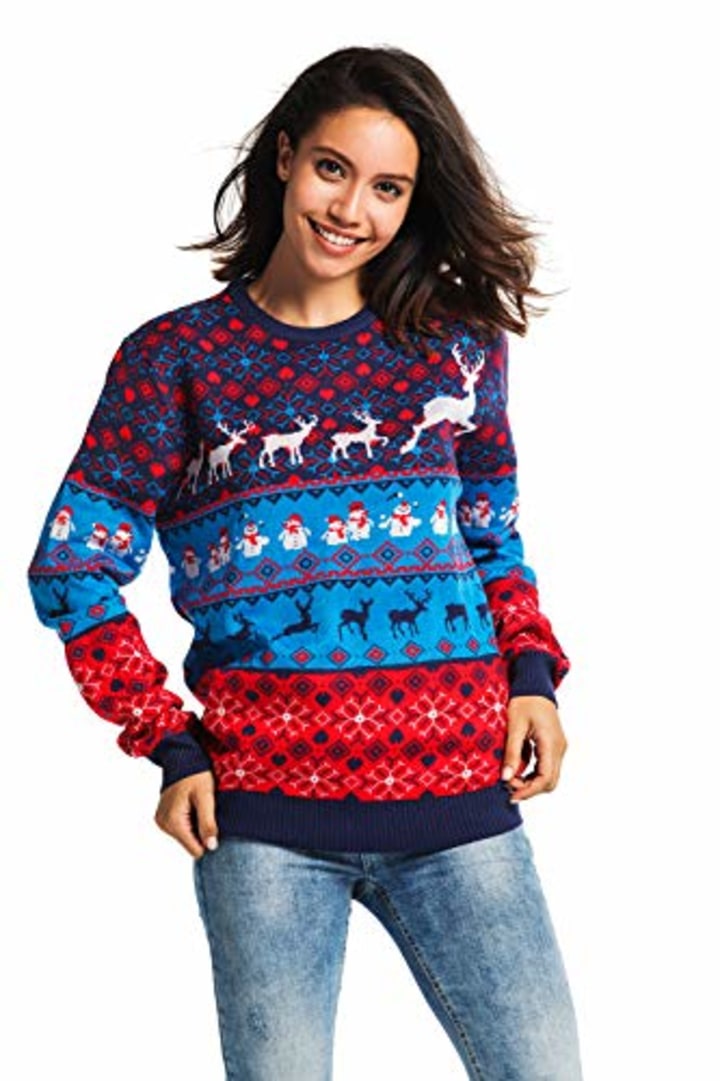 Unisex Women&#039;s Ugly Christmas Sweater Knitted Classic Fair Isle Funny Reindeer Snowman Novelty Pullover for Men, Large
