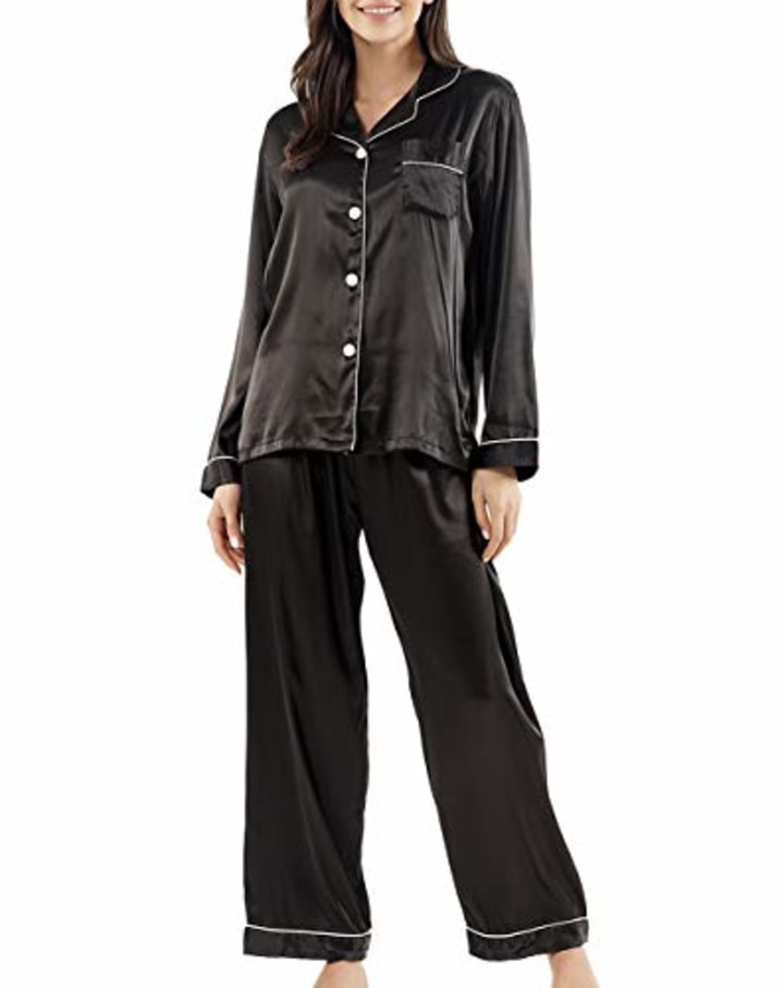 GAESHOW Women Silk Pajamas Set Long Sleeve Ladies Satin PJ Sets Button-Down Pajama Sleepwear Loungewear S~XL Black