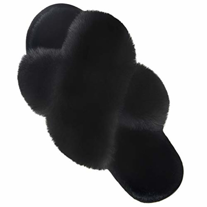 Women&#039;s Cross Band Slippers Soft Plush Furry Breathable Open Toe House Shoes Indoor Outdoor Comfortable Faux Rabbit Fur Slip On Cozy for Girls Spring Summer Black 7-8