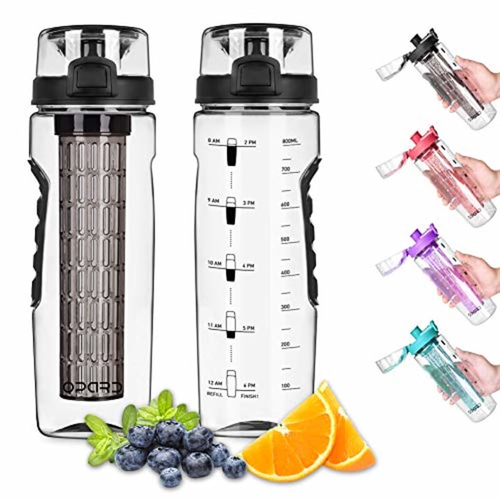 Opard Water Bottle with Time Marker, 30 oz Sports BPA Free Plastic Reusable Fruit Infuser Water Bottles with Handle, Leak Proof Flip Top Lid, Infusion Rod, Cleaning Brush and Recipe (Black)