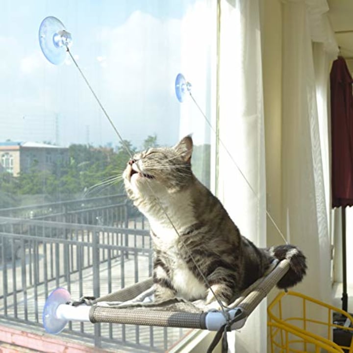 Cat Window Perch, Cat Hammock Window Seat, Space Saving Window Mounted Cat Bed for Large Cats (Beige Premium Set)
