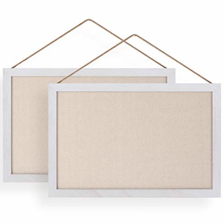 Emfogo 16x11 Wood Bulletin Boards with Linen Wall Bulletin Board for Home Kitchen Office Decorative Hanging Pin Board Frame Cork Board Light Bulletin Boards for Bedroom Pack of 2 (Vintage White)