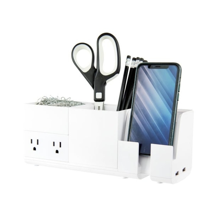 Bostitch Konnect Desk Organizer and Charging Station, 2 USB Ports &amp; 2 Plugs, Charges Phones &amp; Tablets, 4-Piece Design, White