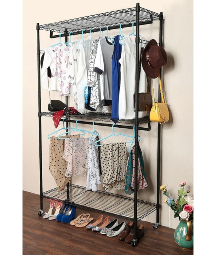 2-Tier Closet Organizer Garment Rack Clothes Storage Hanger Shelf with Hooks