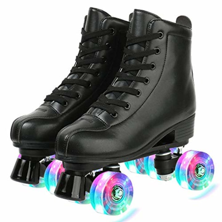 Womens Roller Skates Light Up Wheels, Artificial Leather Adjustable Double Row 4 Wheels Roller Skates Shiny Skates for Teens,Adult (Black wheel,38-US: 7)