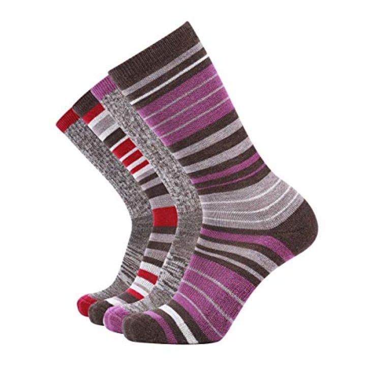 EnerWear 4 Pack Women&#039;s Merino Wool Outdoor Hiking Trail Crew Sock (US Shoe Size 4-10, Purple Stripe/Claret/Multi)