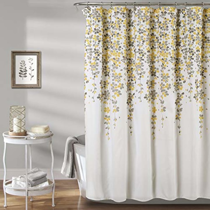 Lush Decor Weeping Flower Shower Curtain - Fabric Floral Vine Print Design, 72" x 72", Yellow &amp; Gray