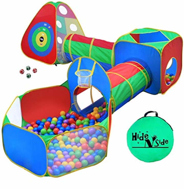 5pc Kids Ball Pit Tents and Tunnels, Toddler Jungle Gym Play Tent with Play Crawl Tunnel Toy, for Boys babies infants Children, Pit Balls NOT Included, Indoor Outdoor Gift, Target Game w/ 4 Dart Balls