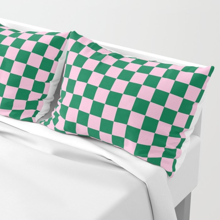 Cotton Candy Pink and Cadmium Green Checkerboard Pillow Sham