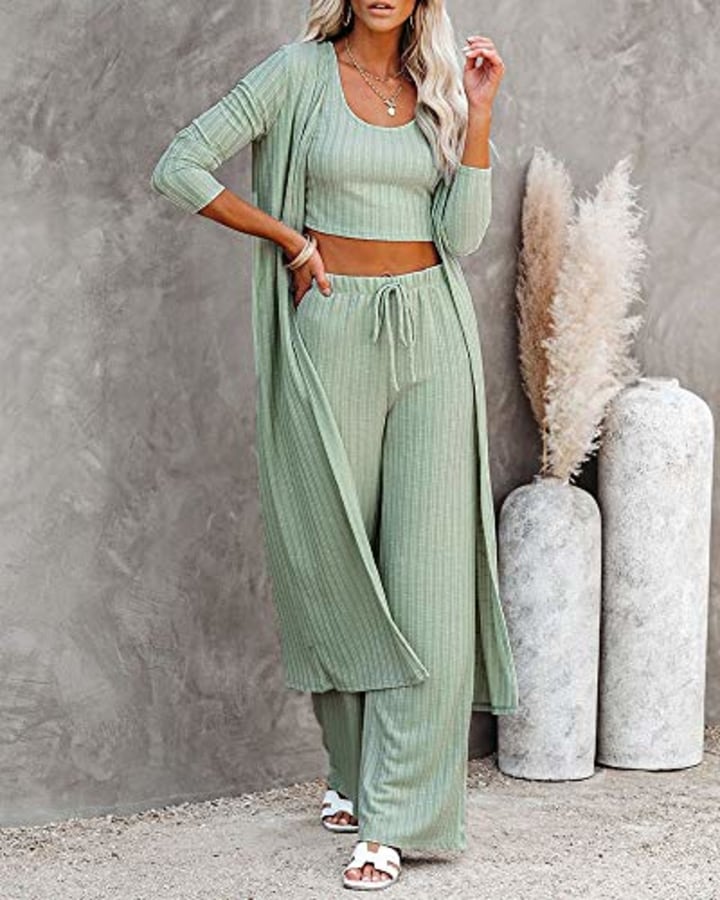 Womens Lounge Set Cute Tank Top Wide Pants and Kimono Coat Knit Jumpsuit Casual 3 Piece Outfit Light Green