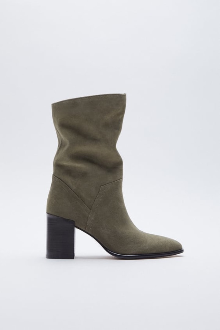 Split Leather Heeled Ankle Boots
