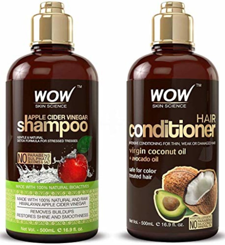 WOW Apple Cider Vinegar Shampoo and Hair Conditioner Set Increase Gloss, Hydration, Shine, Reduce Itchy Scalp, Dandruff &amp; Frizz, No Parabens or Sulfates, All Hair Types, 2 x 16.9 Fl Oz 500mL