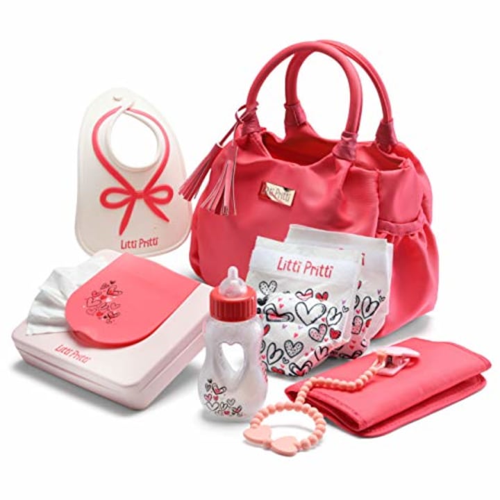 Litti Pritti Baby Doll Diaper Bag Set, 9 Piece Premier Playtime Set for Baby Dolls, Bag Includes Fabric Diapers, Magic Bottle, Wipes &amp; More Baby Doll Accessories