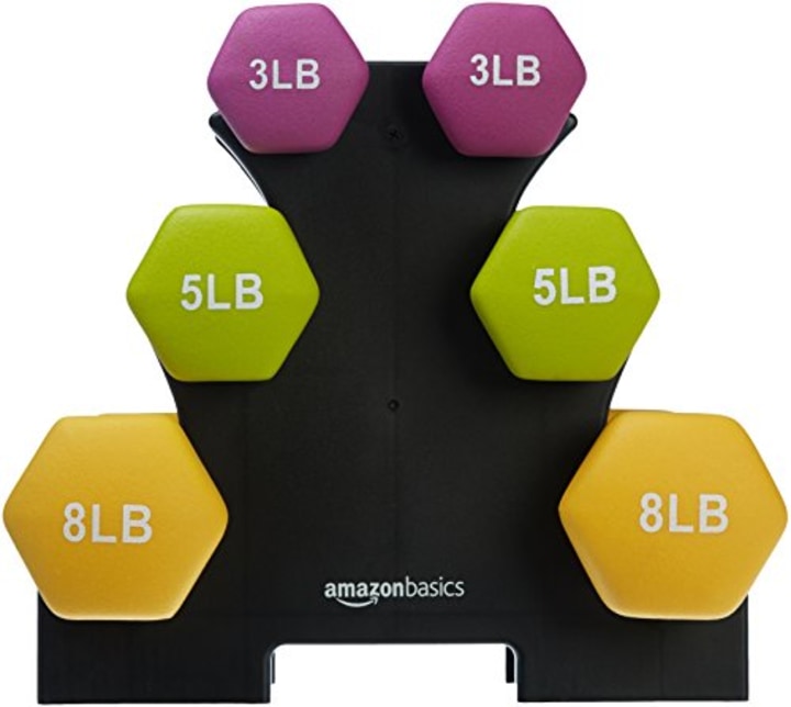 Amazon Basics Neoprene Workout Dumbbell Hand Weights, 32 Pounds Total, Purple/Green/Yellow - 3 Pairs (3-Lb, 5-Lb, 8-Lb) &amp; Weight Rack