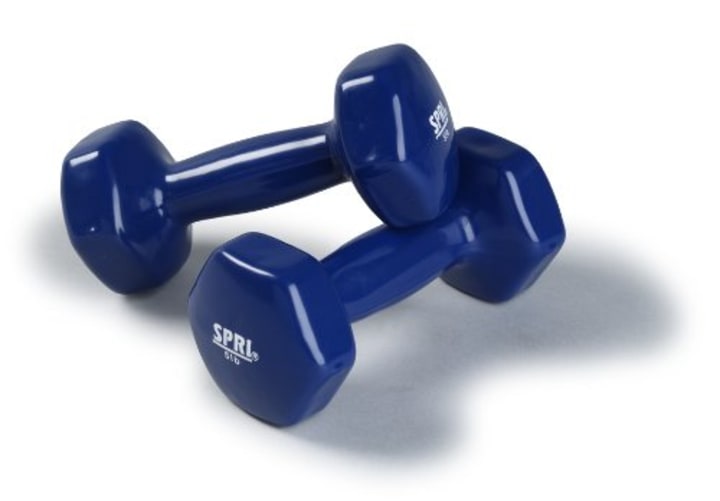 SPRI Dumbbells Deluxe Vinyl Coated Hand Weights All-Purpose Color Coded Dumbbell for Strength Training (Set of 2) (Dark Blue, 5-Pound)