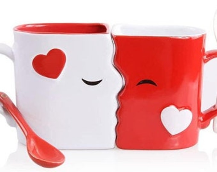 Kissing Mugs Set Two Large Cups,Each with Matching Spoon For Him and Her on Valentines Birthday Anniversary Wedding Engagement Couple Wishes