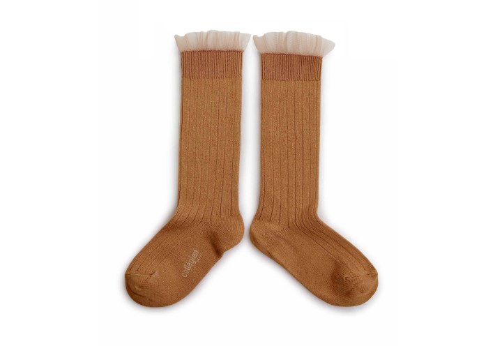 Collegien Ribbed Tulle Trim Knee High Socks / Caramel Au Beurre