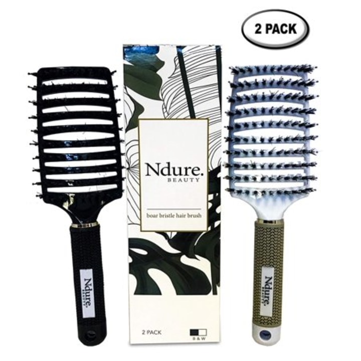 Styling Hair Brush Curved Vented Boar Bristle , 2 PACK, Anti-static Detangler, Thick, Fine, or Curly Hair, Wet or Dry Use, Fast Blow Drying, Use on Long or Short Hair. White &amp; Black Brush Set