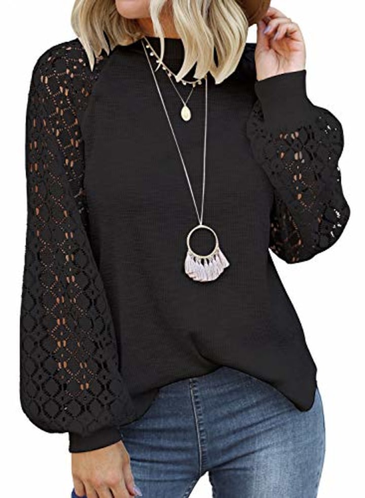 MIHOLL Women&#039;s Casual Sweet &amp; Cute Loose Shirt Balloon Sleeve Blouse Top (Black, Small)