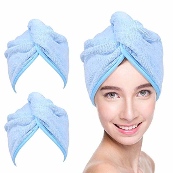 YoulerTex Microfiber Hair Towel Wrap for Women, 2 Pack 10 inch X 26 inch, Super Absorbent Quick Dry Hair Turban for Drying Curly, Long &amp; Thick Hair (Blue) ...