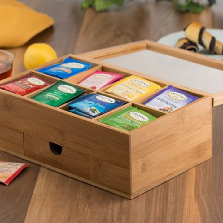 Bamboo Tea Box with 8 Storage Sections &amp; Expandable Drawer to Keep Your Bagged and Loose Teas Fresh in Style, Features Clear Hinged Lid for Quick Access &amp; Visibility of Your Tea, By: Bamb?si