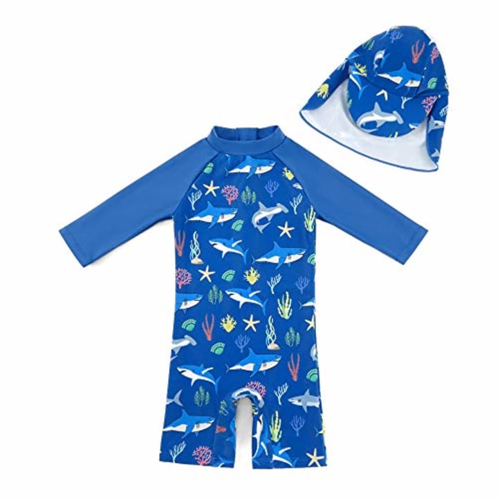 Baby Girl Sunsuits Full-Length Zipper UPF 50 Sun Protection One Piece Swimwear with Sun Cap 