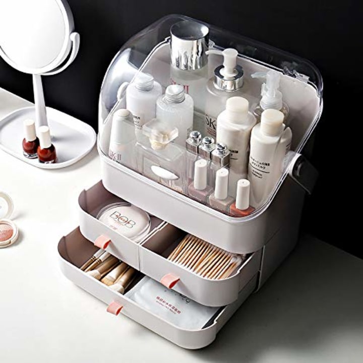 SUNFICON Makeup Organizer Cosmetic Storage Box Holder with Dust Free Cover Portable Handle,Fully Open Waterproof Lid, Dust Proof Drawers,Great for Bathroom Countertop Bedroom Dresser