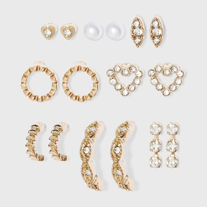Crystal Glass Stud and Small Hoop Earring Set 8pc - A New Day(TM) Gold