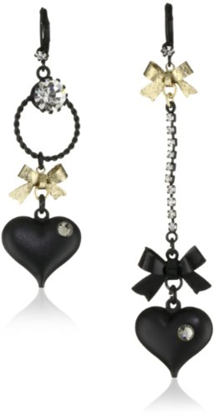 Betsey Johnson Mismatch Black Bubble Heart and Gold Bow Drop Earrings