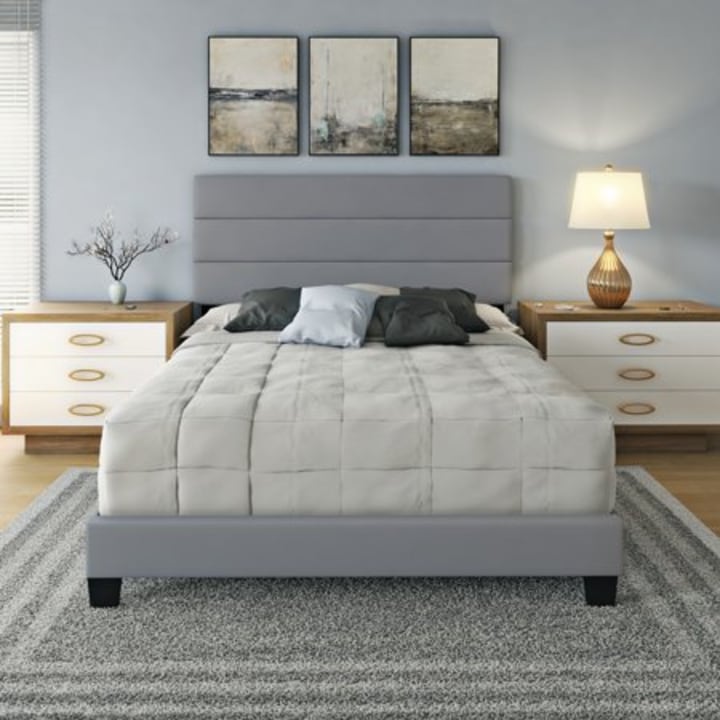 Premier Syracuse Upholstered Faux Leather Tri Panel Channel Headboard Platform Bed Frame, Queen, Gray, Foundation or Box Spring NOT Required