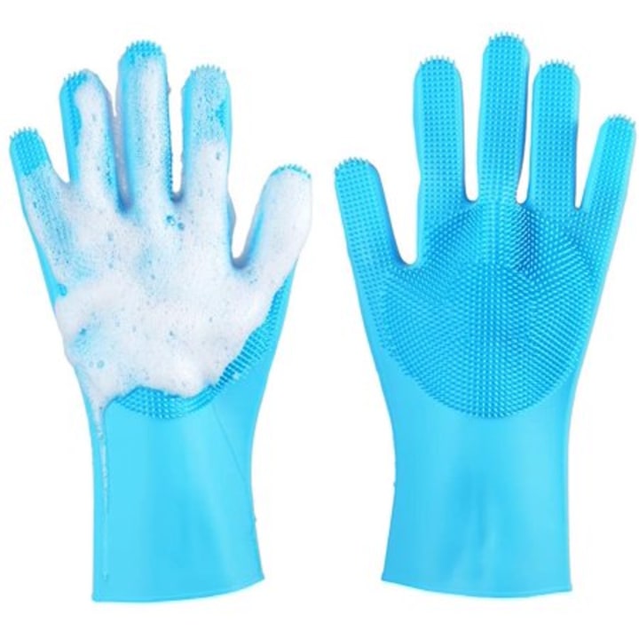 Meidong Silicone Dishwashing Gloves, Reusable Dish Gloves Cleaning Brush Heat Resistan with Sponge Scrubbers for Kitchen Clean, Housework, Bathroom, Bathing, Car Washing