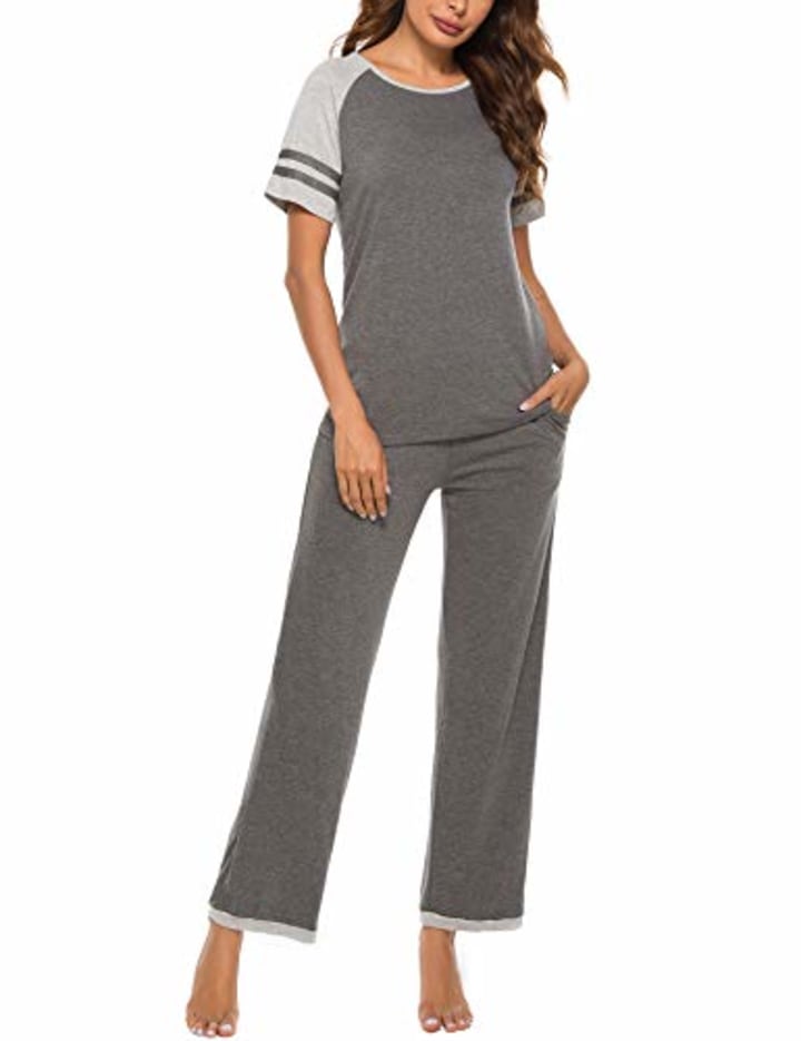 FINWANLO Womens Pajamas Set Short Sleeve Top &amp; Long Pants Sleepwear Pjs Sets Grey L