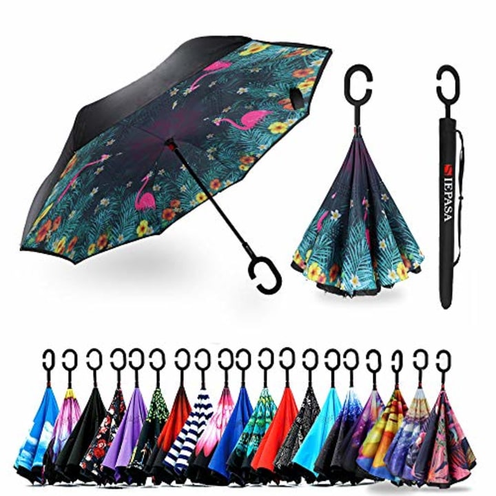 Spar. Saa Double Layer Inverted Umbrella with C-Shaped Handle, Anti-UV Waterproof Windproof Straight Umbrella for Car Rain Outdoor Use (Pink Flamingos)