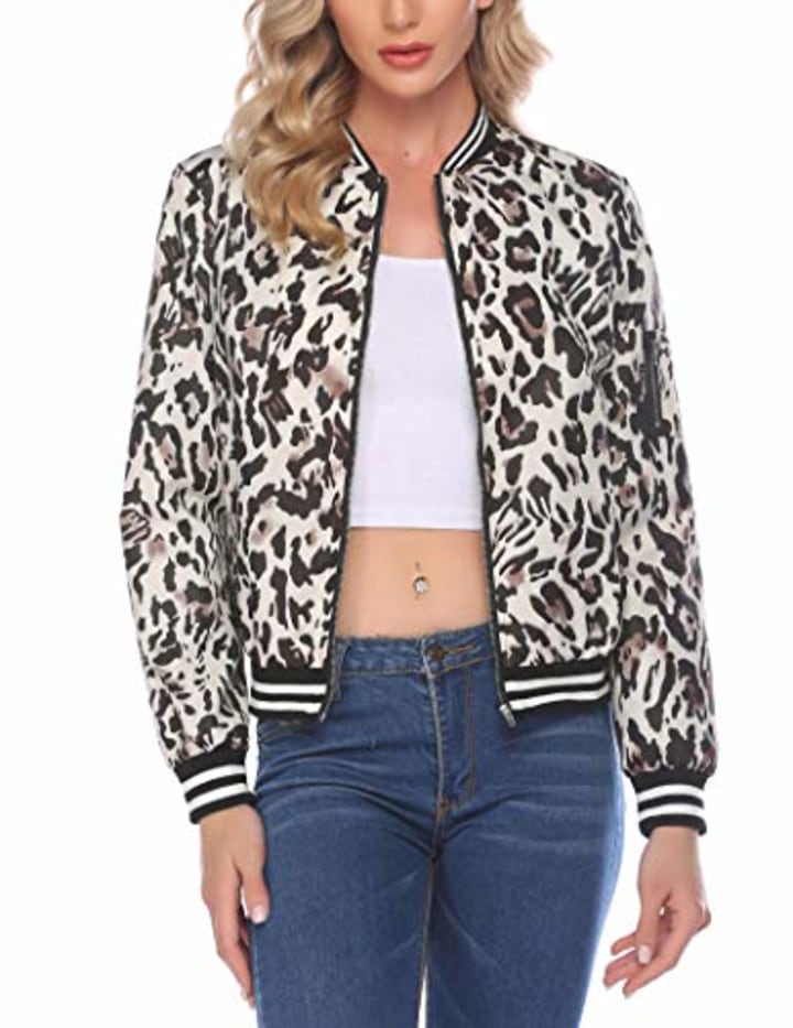 Zeagoo Womens Jackets Lightweight Zip Up Casual Inspired Bomber Jacket Leopard Coat Stand Collar Short Outwear Tops