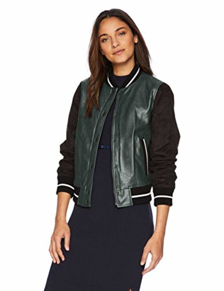 Levi&#039;s Women&#039;s Mixed Media Varisty Bomber Jacket (Standard &amp; Plus Sizes), Green Faux Leather/Black Faux Suede, X-Small