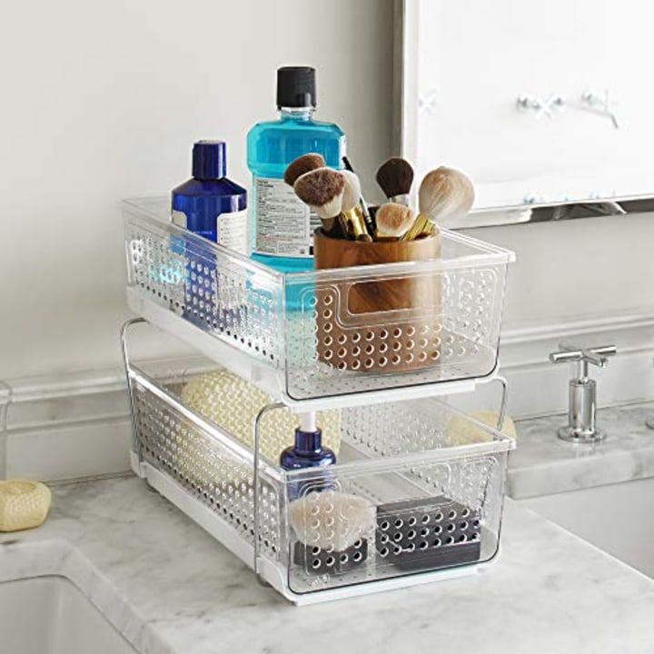 madesmart 2-Tier Organizer without Dividers - BATH COLLECTION Slide-out Baskets with Handles, Space Saving, Multi-purpose Storage &amp; BPA-Free, Large, Clear