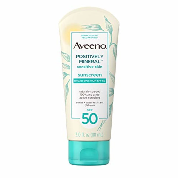 Aveeno Positively Mineral Sensitive Skin Daily Sunscreen Lotion with SPF 50 &amp; 100% Zinc Oxide, Non-Greasy, Sweat- &amp; Water-Resistant Sheer Sunscreen for Face &amp; Body, Travel-Size, 3 fl. oz