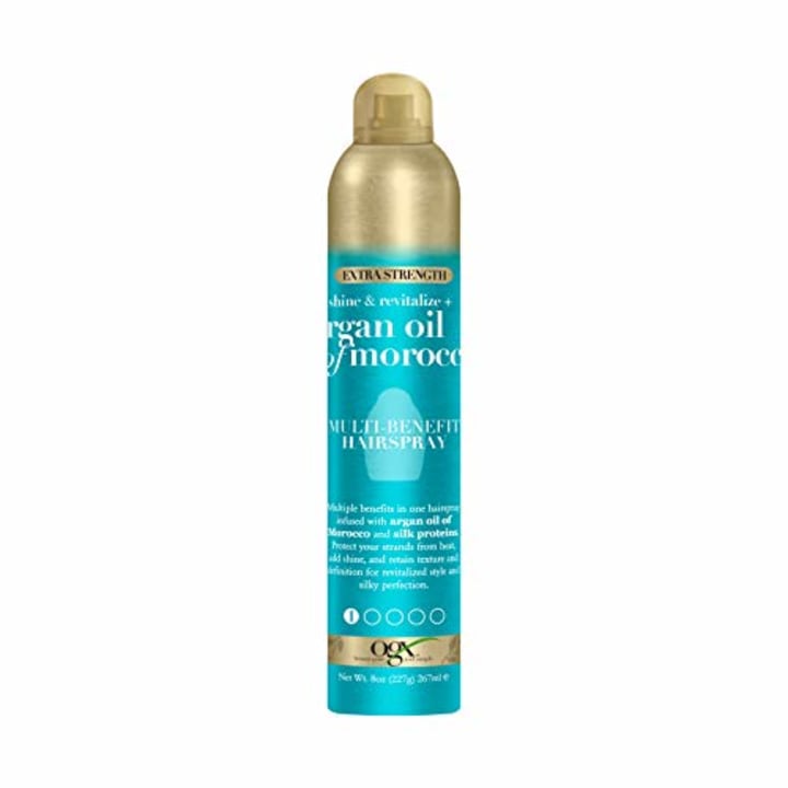 OGX Revitalize + Argan Shine Extra Strength Multi-Benefit Heat Protection Hairspray with Argan Oil &amp; Silk Proteins, Tame Frizz &amp; Non-Greasy Shine, Morocco, 8 Ounce