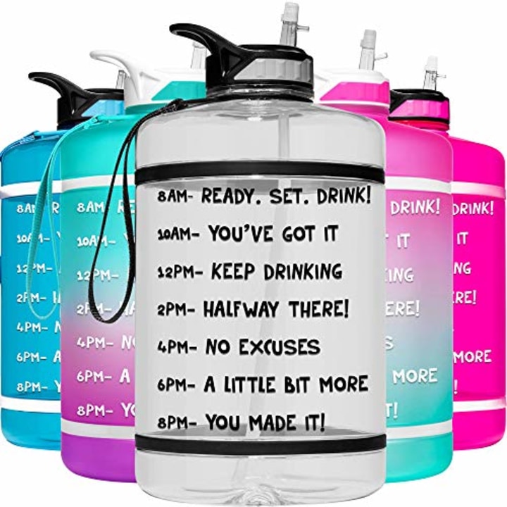 HydroMATE 1 Gallon Motivational Water Bottle with Time Marker Large BPA Free Jug with Straw &amp; Handle Reusable Leak Proof Bottle Time Marked Drink More Water Daily Hydro MATE 128 oz Clear