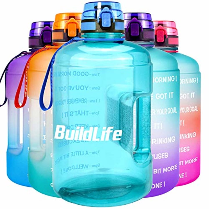 BuildLife Gallon Motivational Water Bottle Wide Mouth with Time Marker/Flip Top Leakproof Lid/One Click Open/Large BPA Free Capacity for Fitness Goals and Outdoor(Sky Blue, 1 Gallon)