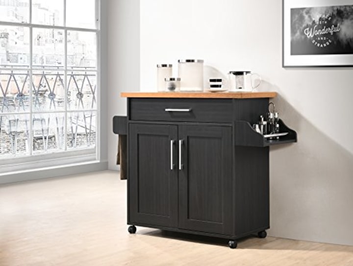Hodedah Kitchen Island with Spice Rack, Towel Rack &amp; Drawer, Black with Beech Top