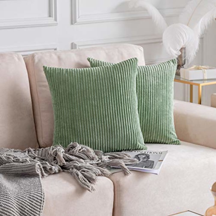 Home Brilliant Decor Solid Plush Corduroy Striped Square Throw Pillow Covers Cushion Covers Decorative for Living Room, Set of 2, 18x18 inches (45cm), Sage Green.