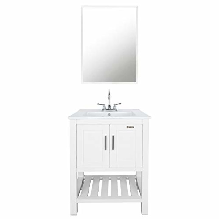 eclife 24&quot; Bathroom Vanity Sink Combo W/Overflow White Drop in 3 Hole Ceramic Vessel Sink Top &amp; White MDF Modern Bathroom Cabinet &amp; Chrome Solid Brass Faucet and Pop Up Drain W/Mirror DC04T01B07W