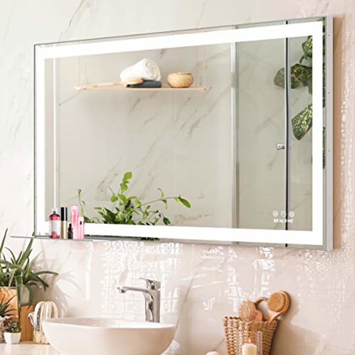 Bathroom Mirror with Lights, LED Bathroom Vanity Mirror with Aluminum Storage Tray and Frame, Wall Mirror for Anti Fog, Waterproof (Silver, 48x24 inch)