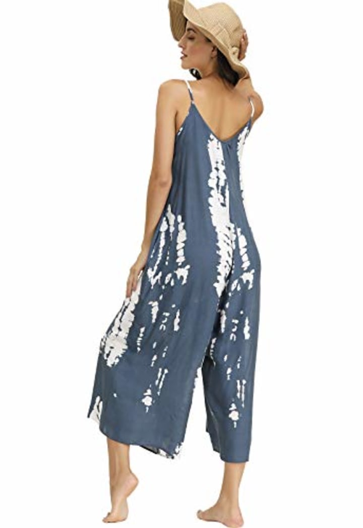 BUENOS NINOS Women&#039;s V Neck Floral Maxi Dress Boho Printed Adjustable Spaghetti Strap Ethnic Beach Long Dress with Pockets (S, Tie dye Jumpsuit)