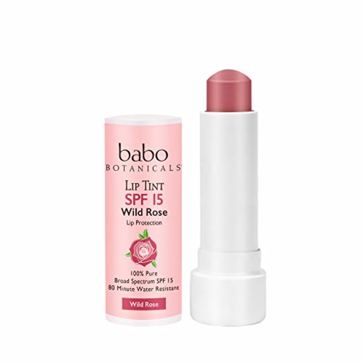 Babo Botanicals 70+% Organic Tinted Mineral Lip Conditioner SPF 15, Water-Resistant Lip Balm, Wild Rose - 0.15 oz.