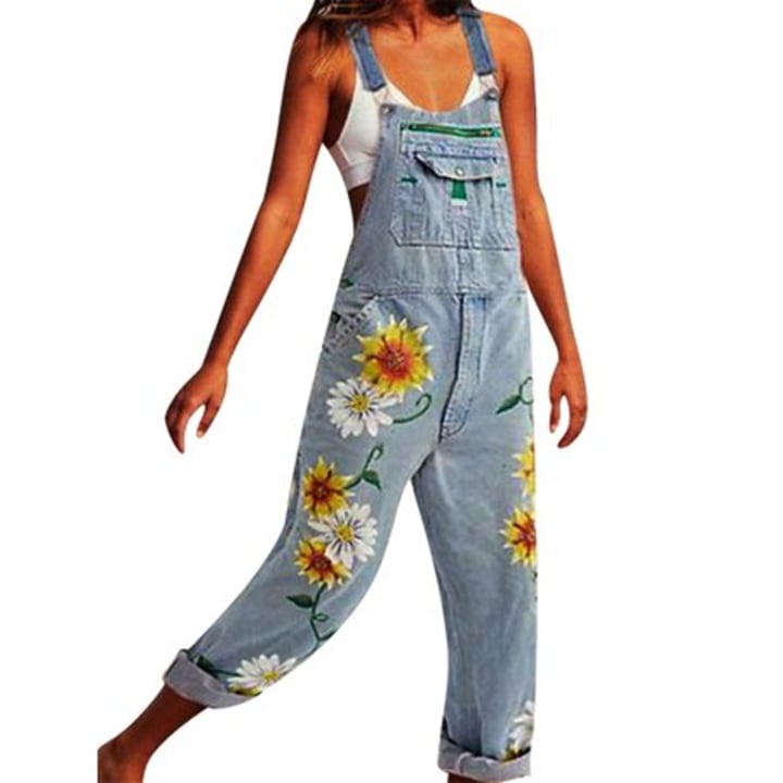 LKPRETTY Women Denim Jeans Floral Pocket Bib Overalls Jumpsuit