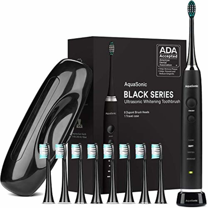 AquaSonic Black Series Ultra Whitening Toothbrush - ADA Accepted Rechargeable Toothbrush - 8 Brush Heads &amp; Travel Case - Ultra Sonic Motor &amp; Wireless Charging - 4 Modes w Smart Timer - Sonic Electric